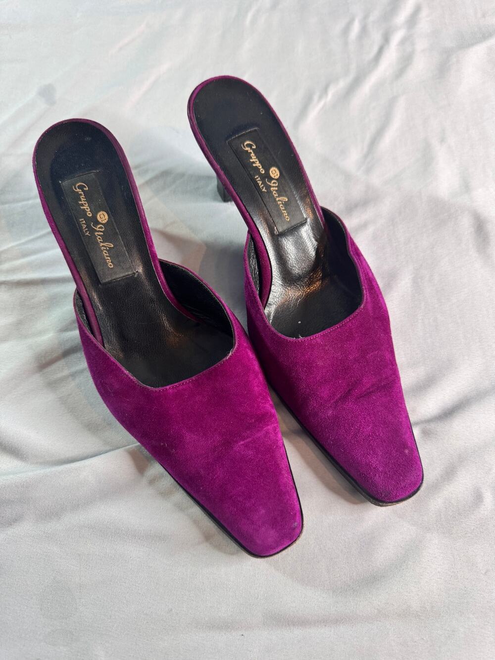 Vintage Gruppo Italiano Purple Suede Mules 8 B Square Toe Heels Made Italy